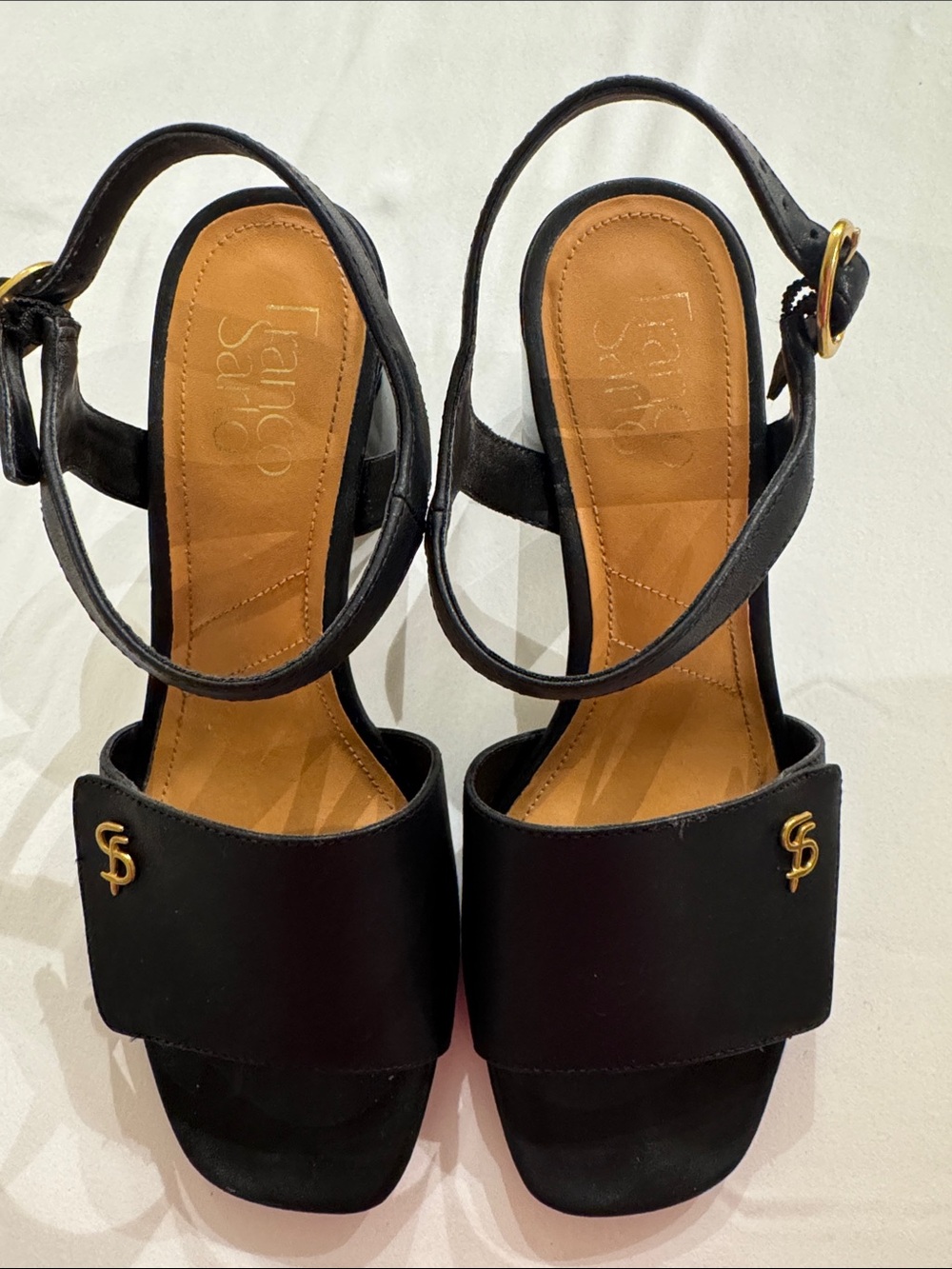 Franco Sarto Onella Black Sculpted Block Heel Sandals | Women’s US 7.5M (UK 5)